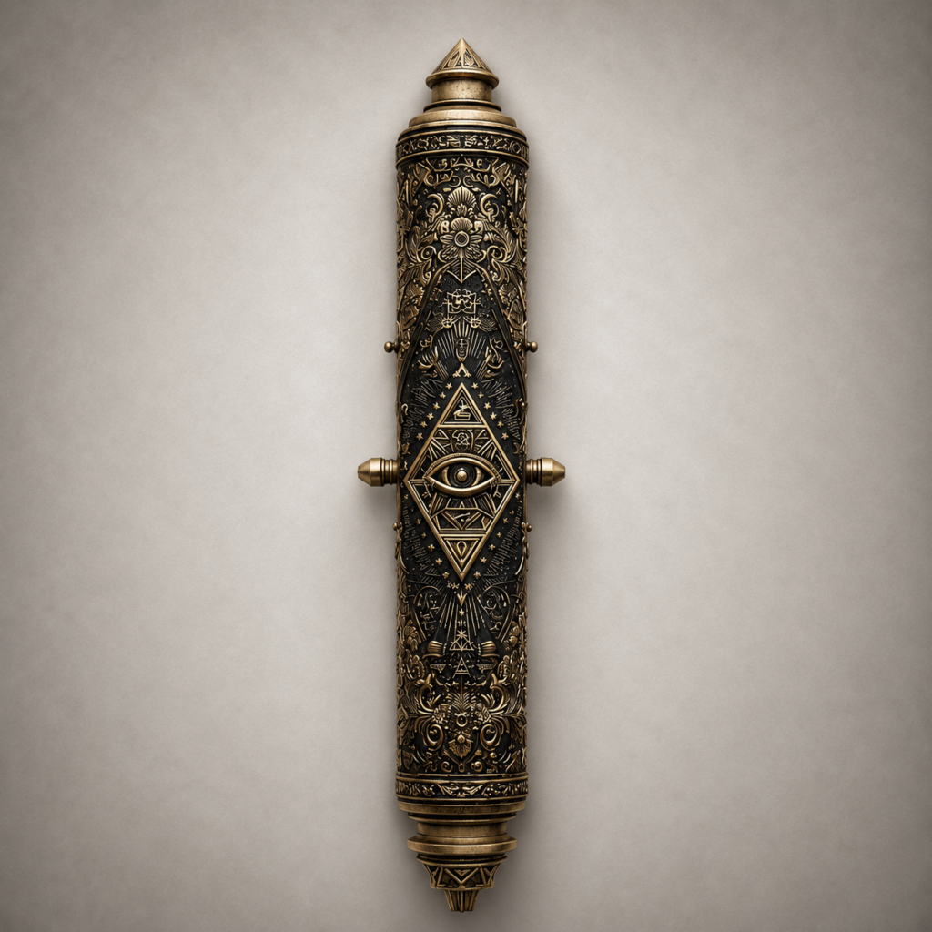 Ornate Antique Bronze Eye Emblem Tube — Scroll of Wisdom